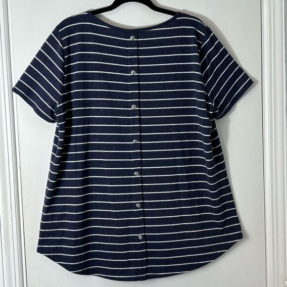 Pink Clover XL back button detail dark blue & white stripe hi lo tee - Picture 3 of 9